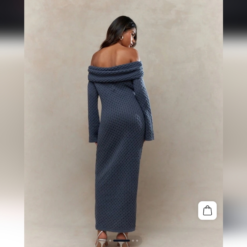 Women Ribbed Off Shoulder Maxi Dress Long Sleeve Waffle Knit Bodycon Sz M Gray